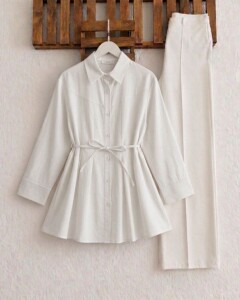 HOVD ÜST DİKİŞLİ ÖN PİLELİ SALAŞ GÖMLEK TUNİK 5686-20-BEYAZ - 