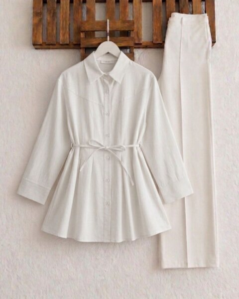 HOVD ÜST DİKİŞLİ ÖN PİLELİ SALAŞ GÖMLEK TUNİK 5686-20-BEYAZ - 1