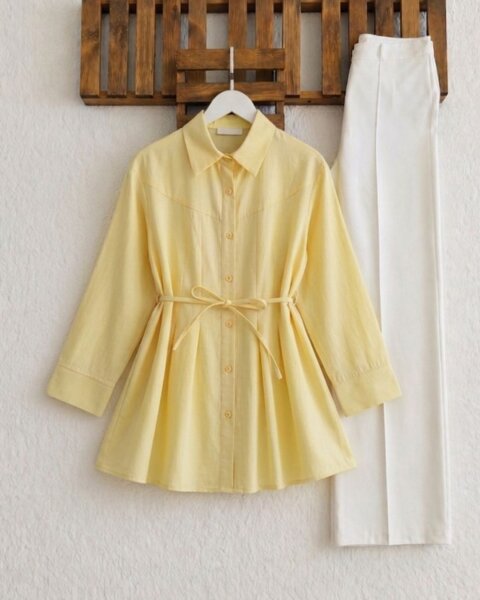 HOVD ÜST DİKİŞLİ ÖN PİLELİ SALAŞ GÖMLEK TUNİK 5686-23-SARI - 1