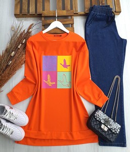 HOVEN KUŞ BASKILI TUNİK B1-5-5398-15-ORANJ - 