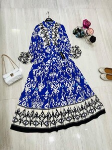 HUAN DESENLİ YARIM DÜĞMELİ HAKİM YAKA SALAŞ ELBİSE C4-2277-14-SAKS MAVİSİ - 1