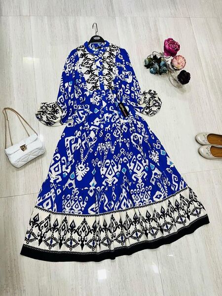 HUAN DESENLİ YARIM DÜĞMELİ HAKİM YAKA SALAŞ ELBİSE C4-2277-14-SAKS MAVİSİ - 1