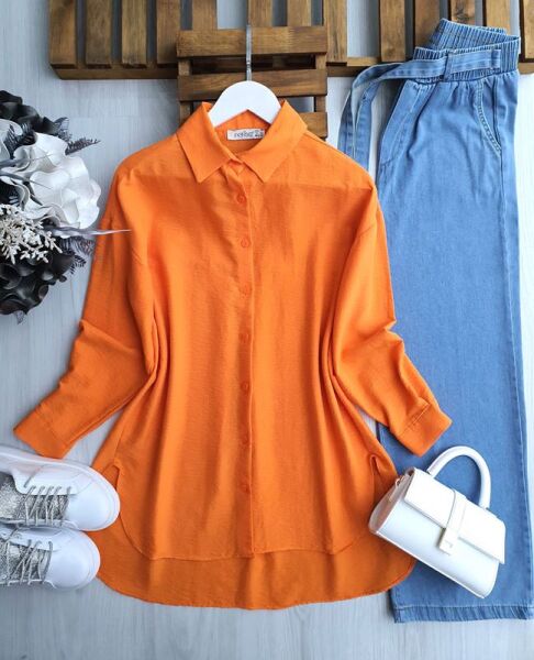 HUBGE ÖNÜ KISA ARKASI UZUN GÖMLEK TUNİK C10-23330-15-ORANJ - 1