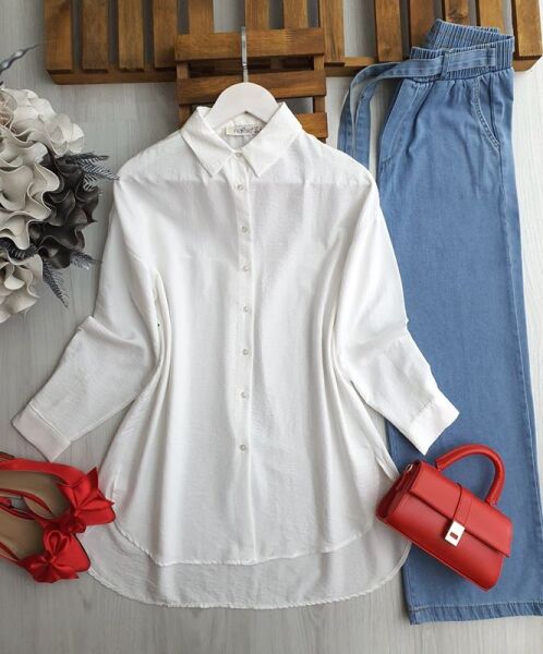 HUBGE ÖNÜ KISA ARKASI UZUN GÖMLEK TUNİK C10-23330-20-BEYAZ - 1