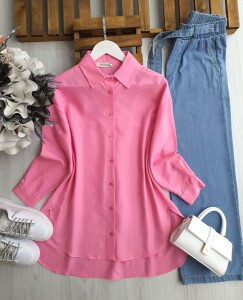 HUBGE ÖNÜ KISA ARKASI UZUN GÖMLEK TUNİK B5-4-23330-47-PEMBE - 