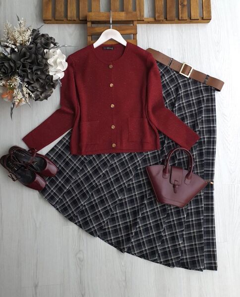 HUCDE SİMLİ ÖNÜ DÜĞMELİ ELİT İPLİK HIRKA 8164-04-BORDO - 1