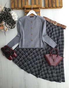 HUCDE SİMLİ ÖNÜ DÜĞMELİ ELİT İPLİK HIRKA 8164-26-GRİ - 