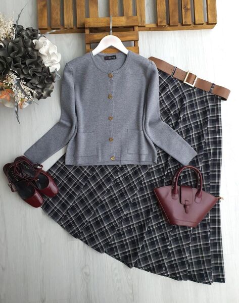 HUCDE SİMLİ ÖNÜ DÜĞMELİ ELİT İPLİK HIRKA 8164-26-GRİ - 1