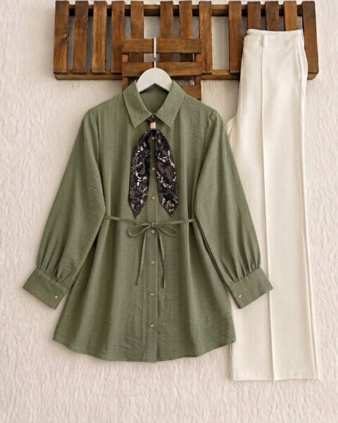 HUDAC TOKALI ŞAL AKSESUARLI GÖMLEK TUNİK A5-1-5722-07-YEŞİL - 1