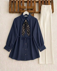 HUDAC TOKALI ŞAL AKSESUARLI GÖMLEK TUNİK A5-1-5722-12-LACİVERT 