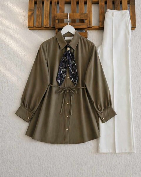 HUDAC TOKALI ŞAL AKSESUARLI GÖMLEK TUNİK A5-1-5722-25-VİZON - 1