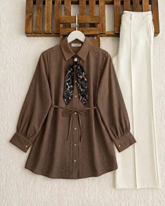 HUDAC TOKALI ŞAL AKSESUARLI GÖMLEK TUNİK A5-1-5722-37-KAHVE 