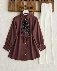 HUDAC TOKALI ŞAL AKSESUARLI GÖMLEK TUNİK A5-1-5722-61-ROSE - 