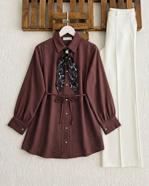 HUDAC TOKALI ŞAL AKSESUARLI GÖMLEK TUNİK A5-1-5722-61-ROSE - 1