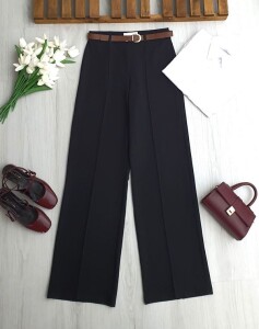 HUFSE ÇİMALI DERİ KEMERLİ PALAZZO PANTOLON A7-4-6116-01-SİYAH - 