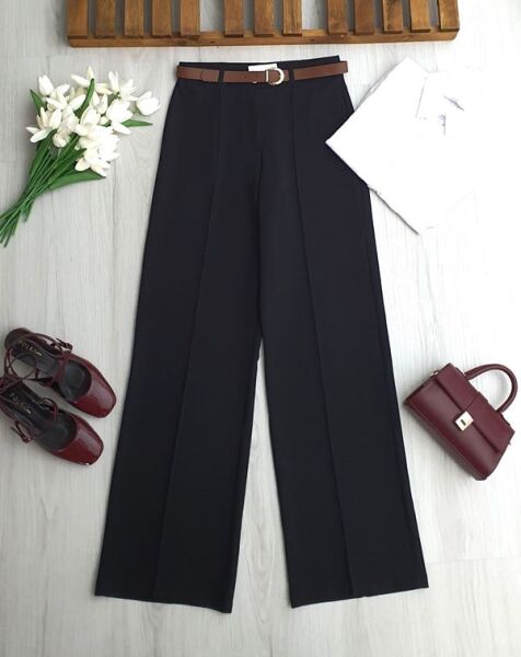 HUFSE ÇİMALI DERİ KEMERLİ PALAZZO PANTOLON A7-4-6116-01-SİYAH - 1