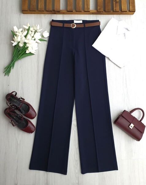 HUFSE ÇİMALI DERİ KEMERLİ PALAZZO PANTOLON A7-4-6116-12-LACİVERT - 1