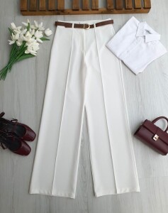 HUFSE ÇİMALI DERİ KEMERLİ PALAZZO PANTOLON A7-4-6116-20-BEYAZ - 