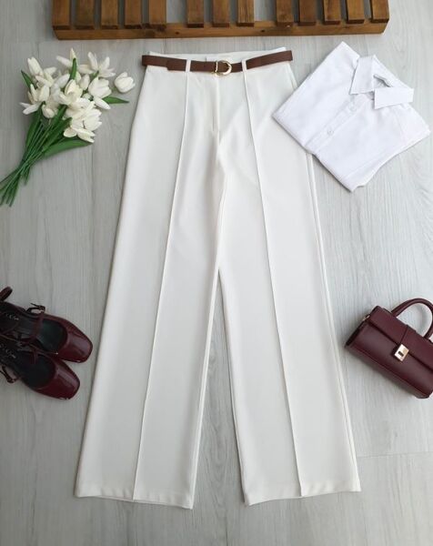 HUFSE ÇİMALI DERİ KEMERLİ PALAZZO PANTOLON A7-4-6116-20-BEYAZ - 1