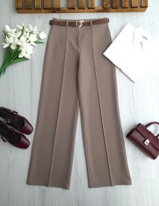 HUFSE ÇİMALI DERİ KEMERLİ PALAZZO PANTOLON A7-4-6116-25-VİZON - 