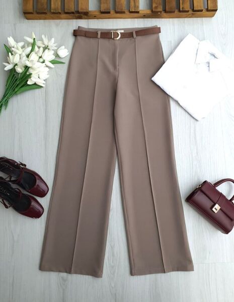 HUFSE ÇİMALI DERİ KEMERLİ PALAZZO PANTOLON A7-4-6116-25-VİZON - 1