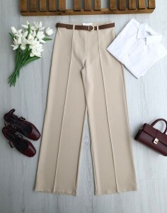 HUFSE ÇİMALI DERİ KEMERLİ PALAZZO PANTOLON A7-4-6116-34-BEJ - 