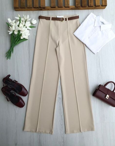 HUFSE ÇİMALI DERİ KEMERLİ PALAZZO PANTOLON A7-4-6116-34-BEJ - 1