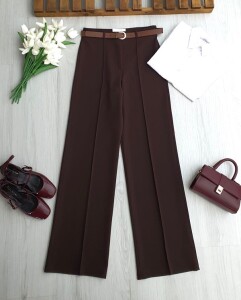 HUFSE ÇİMALI DERİ KEMERLİ PALAZZO PANTOLON A7-4-6116-37-KAHVE - 