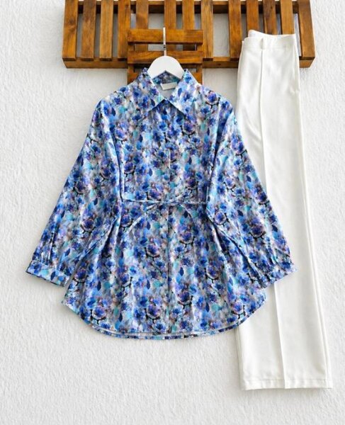 HULV ÇİÇEK BASKILI SALAŞ GÖMLEK TUNİK 5744-10-MAVİ - 1