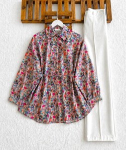 HULV ÇİÇEK BASKILI SALAŞ GÖMLEK TUNİK 5744-16-GÜL - 