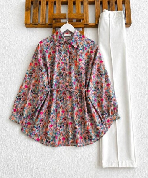 HULV ÇİÇEK BASKILI SALAŞ GÖMLEK TUNİK 5744-16-GÜL - 1