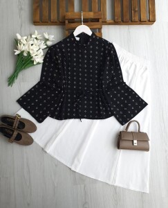 HUNPE GENİŞ KOL ARKADAN FERMUARLI DESENLİ SALAŞ GÖMLEK B8-2-5702-01-SİYAH - 1