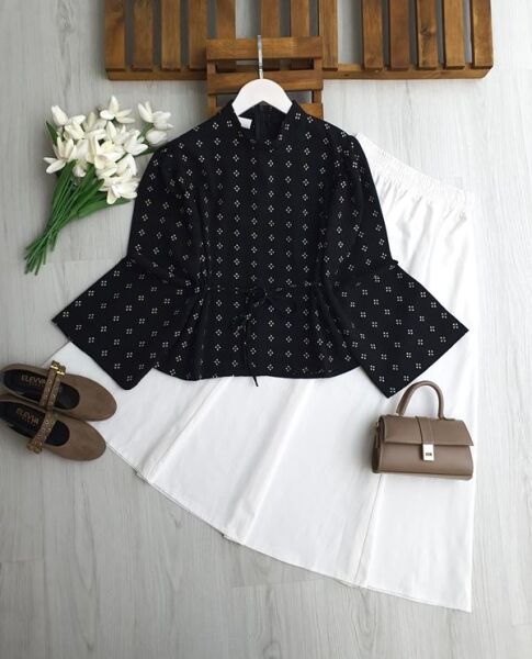 HUNPE GENİŞ KOL ARKADAN FERMUARLI DESENLİ SALAŞ GÖMLEK B8-2-5702-01-SİYAH - 1