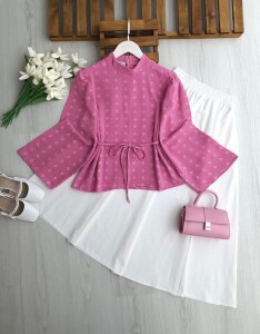 HUNPE GENİŞ KOL ARKADAN FERMUARLI DESENLİ SALAŞ GÖMLEK B8-2-5702-05-PUDRA - 1