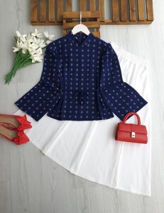 HUNPE GENİŞ KOL ARKADAN FERMUARLI DESENLİ SALAŞ GÖMLEK B8-2-5702-12-LACİVERT - 1