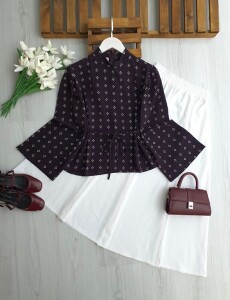 HUNPE GENİŞ KOL ARKADAN FERMUARLI DESENLİ SALAŞ GÖMLEK B8-2-5702-18-MÜRDÜM - 