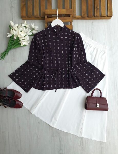 HUNPE GENİŞ KOL ARKADAN FERMUARLI DESENLİ SALAŞ GÖMLEK B8-2-5702-18-MÜRDÜM - 1