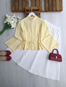 HUNPE GENİŞ KOL ARKADAN FERMUARLI DESENLİ SALAŞ GÖMLEK B8-2-5702-23-SARI - 1