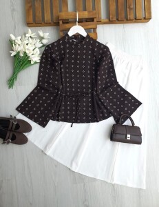 HUNPE GENİŞ KOL ARKADAN FERMUARLI DESENLİ SALAŞ GÖMLEK B8-2-5702-37-KAHVE - 1