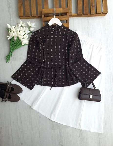 HUNPE GENİŞ KOL ARKADAN FERMUARLI DESENLİ SALAŞ GÖMLEK B8-2-5702-37-KAHVE - 1