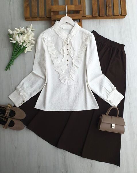 HUVQ ÖNÜ FIRFIRLI İŞLEMELİ GÖMLEK 5726-20-BEYAZ - 1