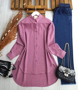 HUYA ÖNÜ KISA ARKASI UZUN KETEN GÖMLEK TUNİK B9-3-5441-61-ROSE - 