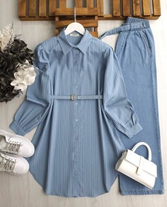 İDLA İNCE KEMERLİ SALAŞ GÖMLEK TUNİK B6-4-5495-13-BEBE MAVİSİ - 