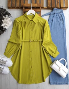 İDLA İNCE KEMERLİ SALAŞ GÖMLEK TUNİK B6-4-5495-70-YAĞ YEŞİLİ - 