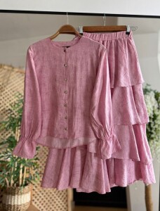 İGMA METAL DÜĞMELİ GÖMLEK KAT KAT ETEKLİ İKİLİ TAKIM 1634-47-PEMBE - 