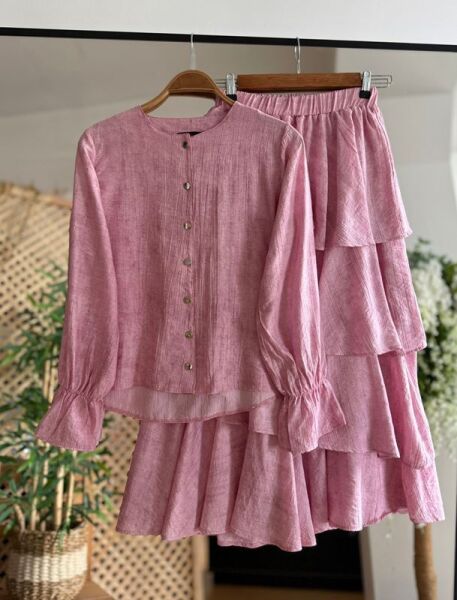 İGMA METAL DÜĞMELİ GÖMLEK KAT KAT ETEKLİ İKİLİ TAKIM 1634-47-PEMBE - 1