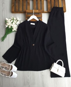 İLNED TEK DÜĞME BELİ LASTİKLİ CEKET MÜSLİM TAKIM 1731-01-SİYAH - 1