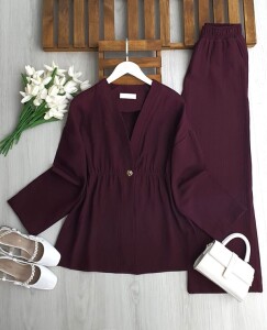 İLNED TEK DÜĞME BELİ LASTİKLİ CEKET MÜSLİM TAKIM 1731-04-BORDO - 1