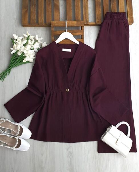 İLNED TEK DÜĞME BELİ LASTİKLİ CEKET MÜSLİM TAKIM 1731-04-BORDO - 1