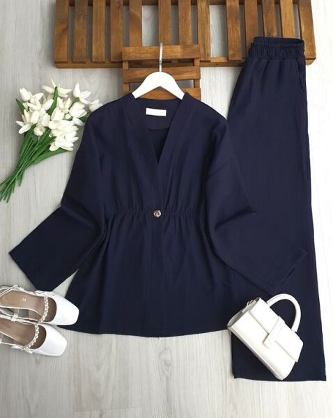 İLNED TEK DÜĞME BELİ LASTİKLİ CEKET MÜSLİM TAKIM 1731-12-LACİVERT - 1